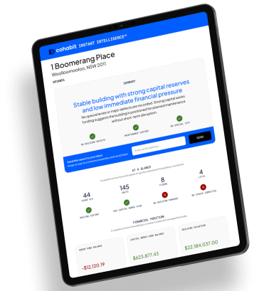 Cohabit Instant Intelligence — strata report insights on tablet
